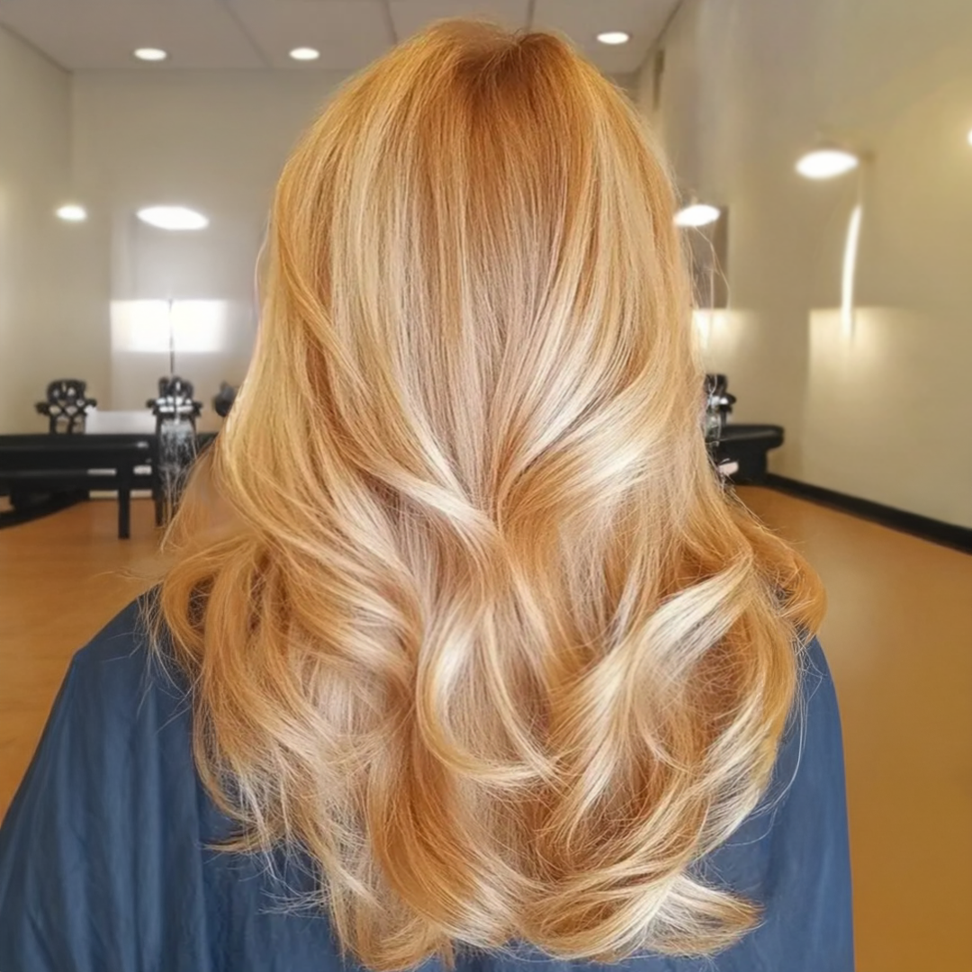 Golden honey blonde hair color with soft waves, trendy fall 2025 hairstyle, warm sun-kissed tones with natural dimension