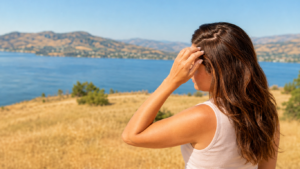 Woman touching an irritated scalp outdoors during an Okanagan summer